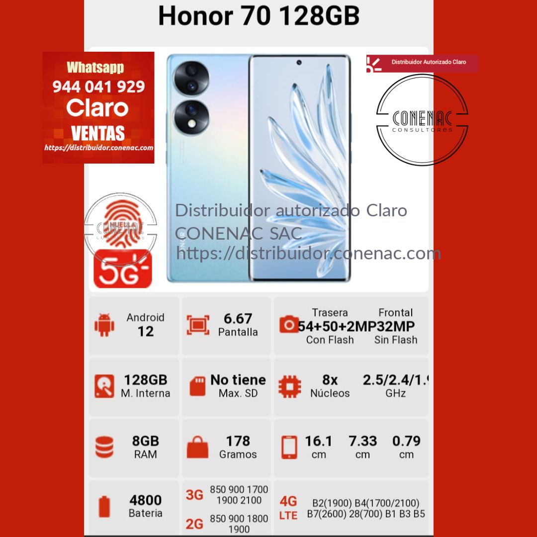 HONOR 70 128GB-256GB 5G (RAM 8GB) - Distribuidor Autorizado Claro Peru
