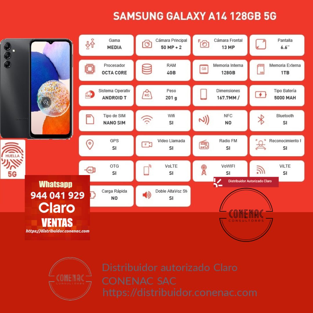 SAMSUNG GALAXY A14 128GB 5G (RAM 4GB) - Distribuidor Autorizado Claro Peru