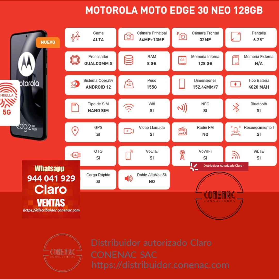 MOTOROLA MOTO EDGE 30 NEO128GB (RAM 8GB) - Distribuidor Autorizado Claro  Peru