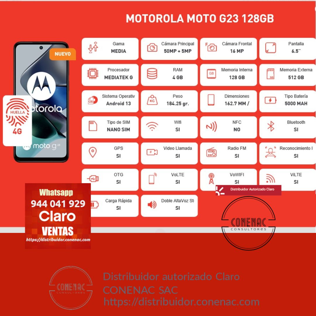 MOTOROLA G23 128GB (RAM 4GB) - Distribuidor Autorizado Claro Peru
