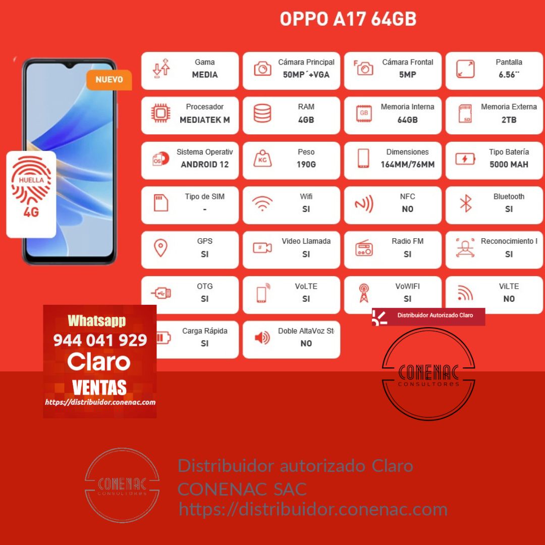 OPPO A17 64GB (RAM 4GB) - Distribuidor Autorizado Claro Peru